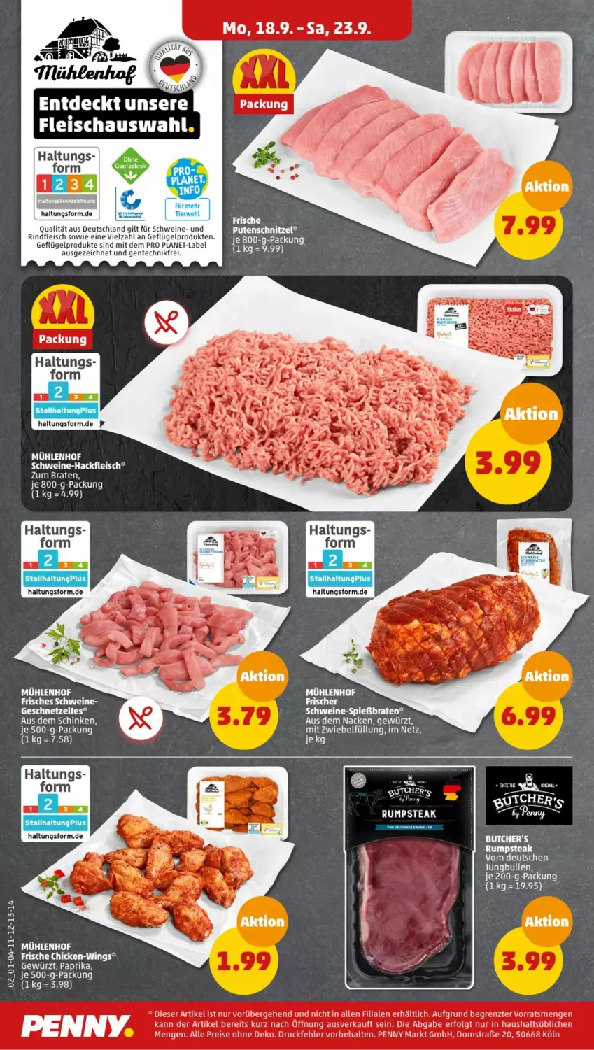 Aktueller Prospekt Penny - Prospekte - von 18.09 bis 23.09.2023 - strona 2 - produkty: braten, eis, ente, fleisch, Geflügel, geflügelprodukte sind mit dem, gewürz, hackfleisch, jungbullen, LG, pute, putenschnitzel, reis, rind, rindfleisch, rum, rumpsteak, schnitzel, schwein, schweine, steak, Ti, wein, weine, ZTE, zwiebel