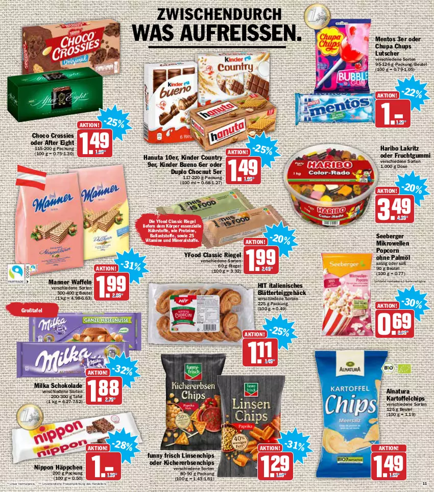 Aktueller Prospekt Aez - Prospekte - von 24.01 bis 29.01.2022 - strona 11 - produkty: after eight, ball, Berger, beutel, blätterteig, blätterteiggebäck, chips, choco crossies, chupa, chupa chups, crossies, duplo, eis, elle, erbsen, frucht, fruchtgummi, Funny Frisch, hanuta, haribo, kartoffel, kartoffelchips, kichererbsen, Kinder, kinder bueno, kinder country, Lakritz, linsen, Lutscher, Manner, mentos, mikrowelle, milka, milka schokolade, natur, natura, nippon, ohne palmöl, popcorn, reis, reiss, riegel, salz, schoko, schokolade, seeberger, teller, Ti, vita, Vitamine, waffeln