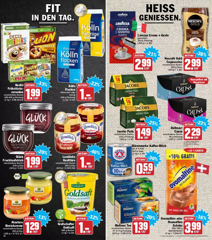 Aktueller Prospekt Aez - Prospekte - von 24.01 bis 29.01.2022 - strona 12 - produkty: aufstrich, bärenmarke, Becher, beutel, Blüte, Cap, cappuccino, cerealien, cin, creme, dallmayr, dallmayr capsa, eis, elle, espresso, frucht, fruchtaufstrich, goldsaft, grafschafter, jacobs, kaffee, kölln, konfitüre, landliebe, lavazza, Meßmer, milch, natur, natura, Nescafé, nescafé gold, nespresso, nestlé, ovomaltine, reis, saft, schoko, tee, teller, Ti