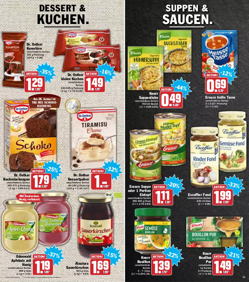 Aktueller Prospekt Aez - Prospekte - von 24.01 bis 29.01.2022 - strona 13 - produkty: apfel, auer, backmischung, Backmischungen, beutel, dessert, Dr. Oetker, eintopf, eis, elle, erasco, honig, kirsch, kirsche, kirschen, knorr, kuchen, leine, natur, natura, odenwald, reis, sauce, saucen, sauerkirschen, schoko, suppe, suppen, suppenliebe, tasse, teller, Ti, topf