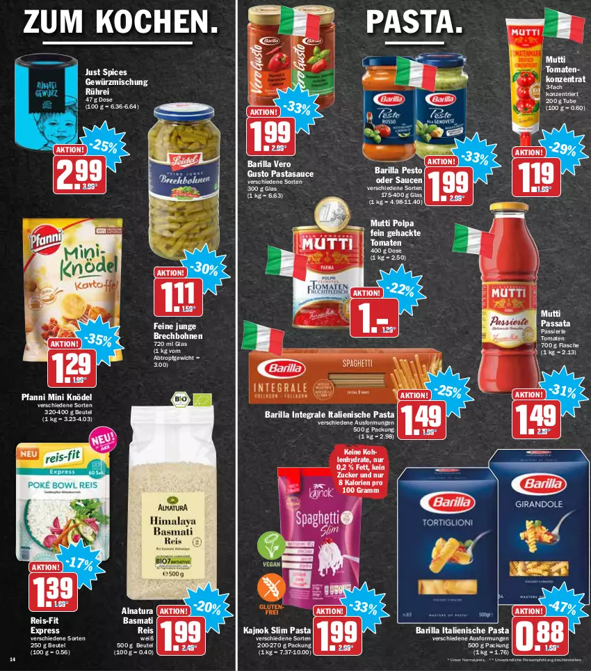 Aktueller Prospekt Aez - Prospekte - von 24.01 bis 29.01.2022 - strona 14 - produkty: barilla, basmati, Basmati Reis, beutel, bohne, bohnen, eis, elle, flasche, gewürz, Gewürzmischung, italienische pasta, Knödel, Mutti, natur, natura, pasta, pesto, pfanni, reis, reis-fit, sauce, saucen, teller, Ti, tomate, tomaten, zucker