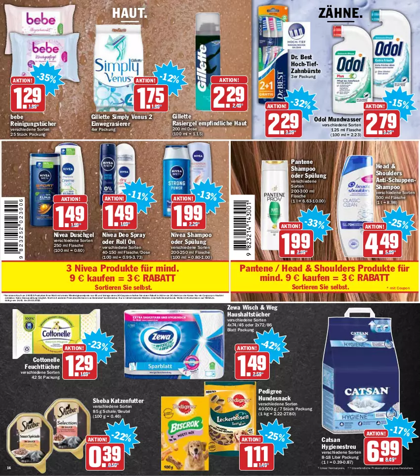 Aktueller Prospekt Aez - Prospekte - von 24.01 bis 29.01.2022 - strona 16 - produkty: Bebe, beutel, bürste, catsan, cottonelle, coupon, coupons, deo, deo spray, Dr. Best, duschgel, eier, einwegrasierer, eis, elle, feuchttücher, flasche, gillette, haushaltstücher, hundesnack, katzenfutter, mundwasser, nivea, Odol, pantene, pedigree, rasierer, rasiergel, Reinigung, reinigungstücher, reis, Schal, Schale, shampoo, shampoo oder spülung, sheba, sim, snack, spülung, teller, Ti, Tiere, tücher, venus, wasser, zahnbürste, zewa