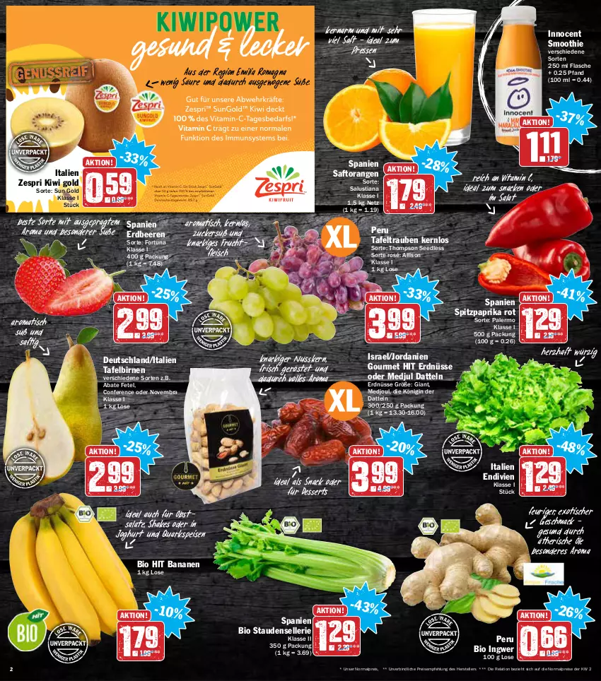 Aktueller Prospekt Aez - Prospekte - von 24.01 bis 29.01.2022 - strona 2 - produkty: banane, bananen, beere, beeren, bio, bio hit, Birnen, Datteln, dessert, desserts, eis, elle, erdbeere, erdbeeren, erdnüsse, flasche, fleisch, frucht, fruchtfleisch, gin, ingwer, Innocent, joghur, joghurt, Jordan, kiwi, Kiwi Gold, Lusti, mac, nuss, obst, orange, orangen, paprika, paprika rot, quark, reis, rel, saft, Saftorangen, salat, salate, Salus, shake, smoothie, snack, Spitzpaprika, stauden, tafelbirnen, tafeltrauben, teller, Ti, tisch, trauben, vita, Vitamin C, zespri, zucker