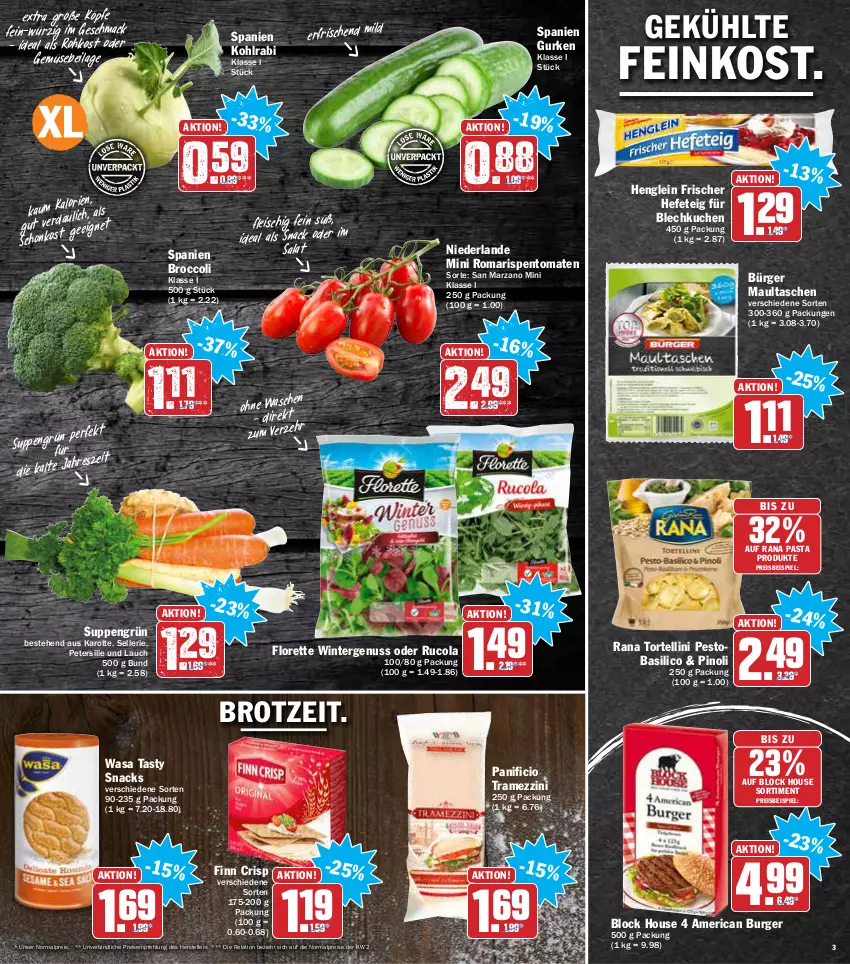 Aktueller Prospekt Aez - Prospekte - von 24.01 bis 29.01.2022 - strona 3 - produkty: basilico, broccoli, brot, burger, cola, eis, elle, feinkost, fleisch, florette, gurke, gurken, Hefe, henglein, ilag, kohlrabi, kuchen, mac, maultaschen, nuss, pasta, pesto, petersilie, Rana, reis, rel, rispentomaten, rucola, salat, snack, snacks, suppe, suppen, Tasche, taschen, teller, tender, Ti, tomate, tomaten, torte, tortellini, wasa