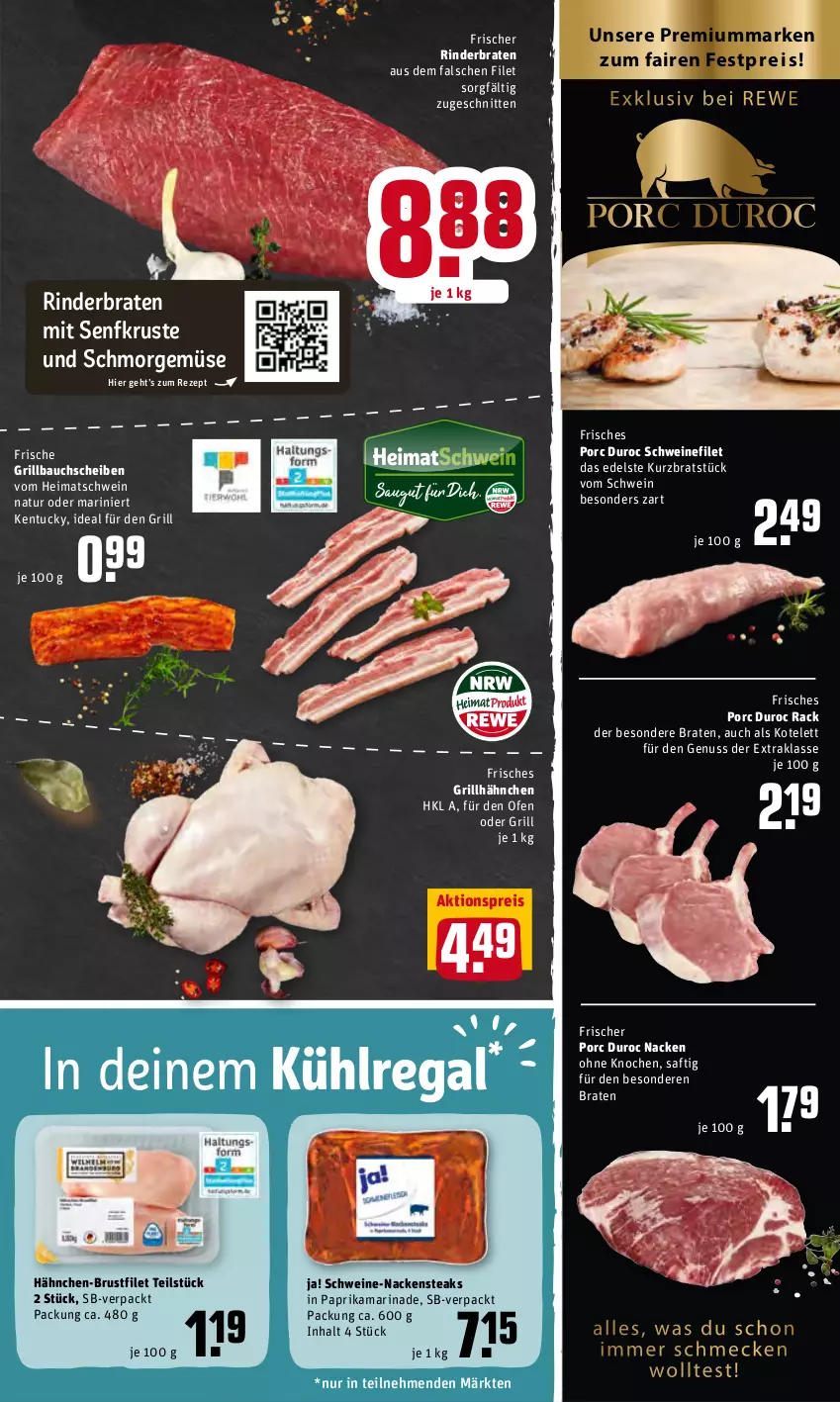 Aktueller Prospekt Rewe - Diese Woche im Angebot! - von 28.03 bis 02.04.2022 - strona 5 - produkty: aktionspreis, Bau, bauchscheiben, braten, brustfilet, eis, filet, grill, Grillbauch, grillhähnchen, hähnchen-brustfilet, kotelett, kühlregal, marinade, Nackensteak, nackensteaks, natur, nuss, Ofen, paprika, regal, reis, rezept, rind, rinder, rinderbraten, saft, schnitten, schwein, schweine, schweinefilet, senf, steak, steaks, Ti, tuc, wein, weine