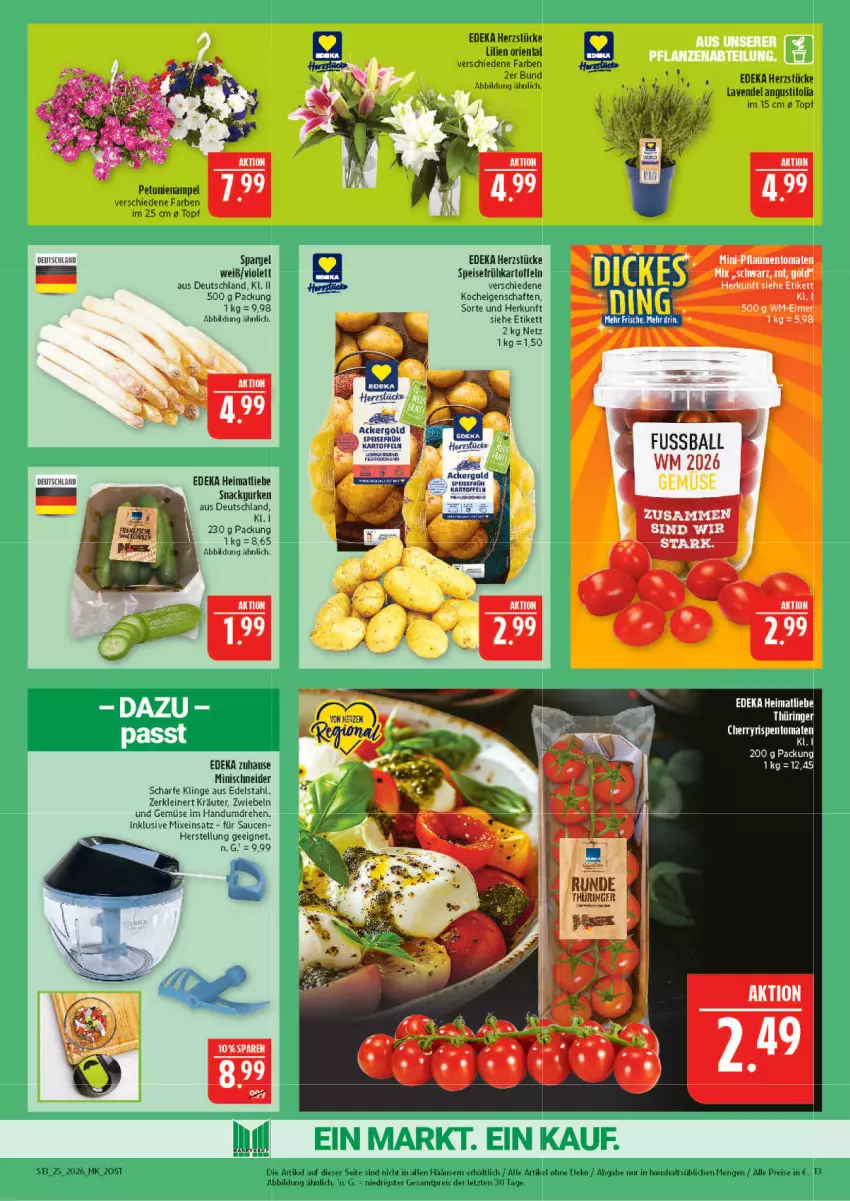 Aktueller Prospekt Marktkauf - Prospekt - von 14.06 bis 20.06.2026 - strona 13 - produkty: ackergold, ball, bett, deka, edelstahl, eis, Frühkartoffeln, gurke, gurken, kartoffel, kartoffeln, kräuter, lavendel, leine, mac, petunie, petunien, pflaume, pflaumen, reis, rispentomaten, sauce, saucen, snack, spargel, speisefrühkartoffeln, Ti, tomate, tomaten, topf, und gemüse, ZTE, zwiebel, zwiebeln
