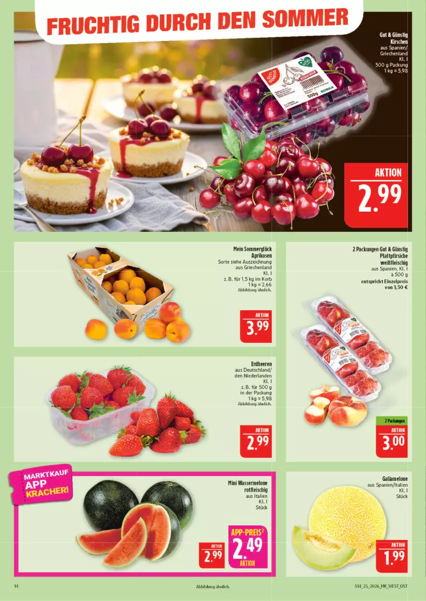 Aktueller Prospekt Marktkauf - Prospekt - von 14.06 bis 20.06.2026 - strona 14 - produkty: aprikose, aprikosen, eis, fleisch, galiamelone, korb, melone, pfirsich, pfirsiche, plattpfirsiche, reis, Ti, wasser, wassermelone