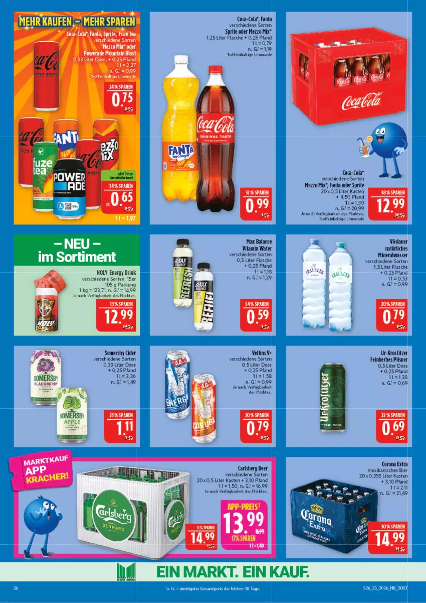 Aktueller Prospekt Marktkauf - Prospekt - von 14.06 bis 20.06.2026 - strona 26 - produkty: Alwa, auer, Bad, bier, cider, cola, drink, eier, energy drink, fanta, fanta oder, fanta oder sprite, flasche, gin, limo, limonade, Mezzo Mix, mineralwasser, oder sprite, pils, pilsner, somersby, sprite, tee, Ti, veltins, vita, vöslauer, wasser
