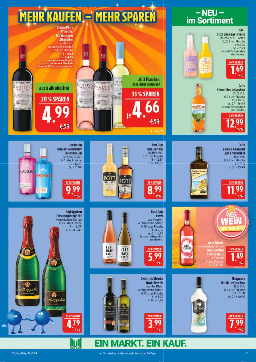 Aktueller Prospekt Marktkauf - Prospekt - von 14.06 bis 20.06.2026 - strona 27 - produkty: alkohol, amaro, Amaro del Capo, batida, Cap, dell, ecco, eier, eierlikör, eis, enders, flasche, gin, kräuter, kräuterlikör, likör, limo, london dry, mangaroca, qualitätswein, reis, rotkäppchen, rum, sekt, Ti, Tiere, wein, ZTE