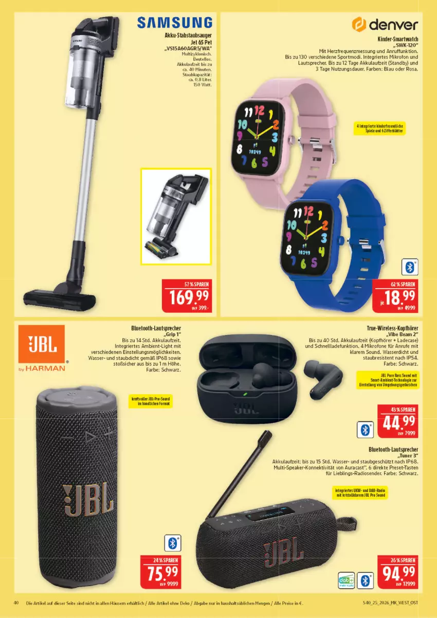 Aktueller Prospekt Marktkauf - Prospekt - von 14.06 bis 20.06.2026 - strona 40 - produkty: akku, auer, bluetooth-lautsprecher, eis, jbl, Kinder, kopfhörer, kraft, lautsprecher, Radio, reis, rel, Samsung, schnellladefunktion, Spiele, Sport, staubsauger, Ti, tuner, wasser