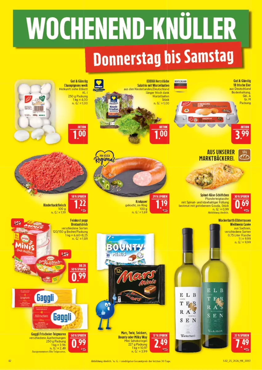 Aktueller Prospekt Marktkauf - Prospekt - von 14.06 bis 20.06.2026 - strona 42 - produkty: aufstrich, ball, Becher, bio, bounty, brot, brotaufstrich, champignon, champignons, deka, eier, eis, elle, feinkost, flasche, fleisch, gouda, hackfleisch, mars, milky way, Popp, reis, riegel, rind, rinder, rinderhackfleisch, ring, sac, salat, schoko, schokoriegel, snickers, teigwaren, Ti, twix, wein, Weißwein, ZTE