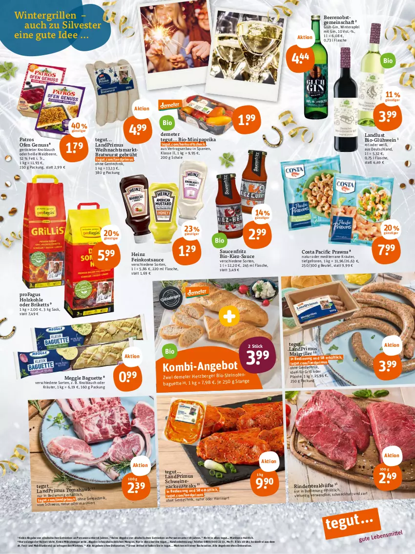 Aktueller Prospekt Tegut - Angebote der Woche - von 27.12 bis 31.12.2022 - strona 2 - produkty: alkohol, angebot, angebote, apfel, baguette, Bau, beere, beeren, Berger, beutel, bio, bratwurst, briketts, Cif, dekoration, ente, feinkost, flasche, fritz, getränk, getränke, gin, Glühwein, grill, heinz, herzberger, Holz, holzkohle, ideal für grill, knoblauch, kräuter, landprimus, mac, meggle, Nackensteak, nackensteaks, natur, nuss, obst, oder kräuter, Ofen, paprika, patros, pfanne, prawns, profagus, rind, rinder, Rindersteak, rwe, sac, sauce, saucen, Schal, Schale, schwein, schweine, schweinenacken, steak, steakhüfte, steaks, telefon, Ti, uhr, wein, weine, wurst