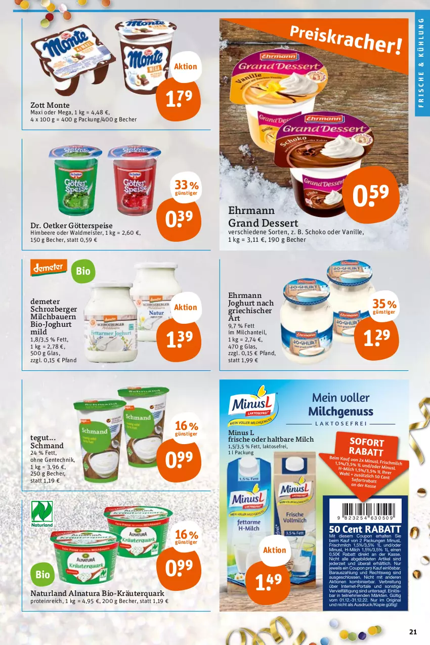 Aktueller Prospekt Tegut - Angebote der Woche - von 27.12 bis 31.12.2022 - strona 23 - produkty: auer, Bau, Bauer, Becher, beere, Berger, bio, bio-joghurt, dessert, Dr. Oetker, ehrmann, Ehrmann Grand Dessert, eis, ente, götterspeise, haltbare milch, himbeer, himbeere, joghur, joghurt, joghurt mild, joghurt nach, kräuter, Meister, milch, monte, natur, natura, naturland, quark, schmand, schoko, Ti, vanille, waldmeister, zott, Zott Monte