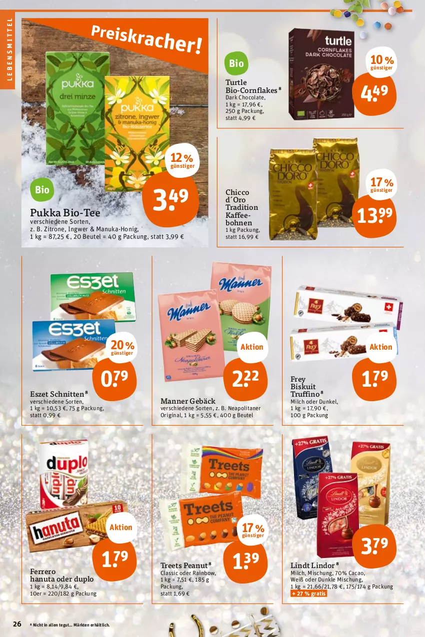 Aktueller Prospekt Tegut - Angebote der Woche - von 27.12 bis 31.12.2022 - strona 28 - produkty: beutel, bio, bohne, bohnen, cola, duplo, ferrero, flakes, gin, hanuta, honig, ingwer, kaffee, kaffeebohnen, lebensmittel, lindor, lindt, Manner, milch, nuk, schnitten, tee, Ti, zitrone