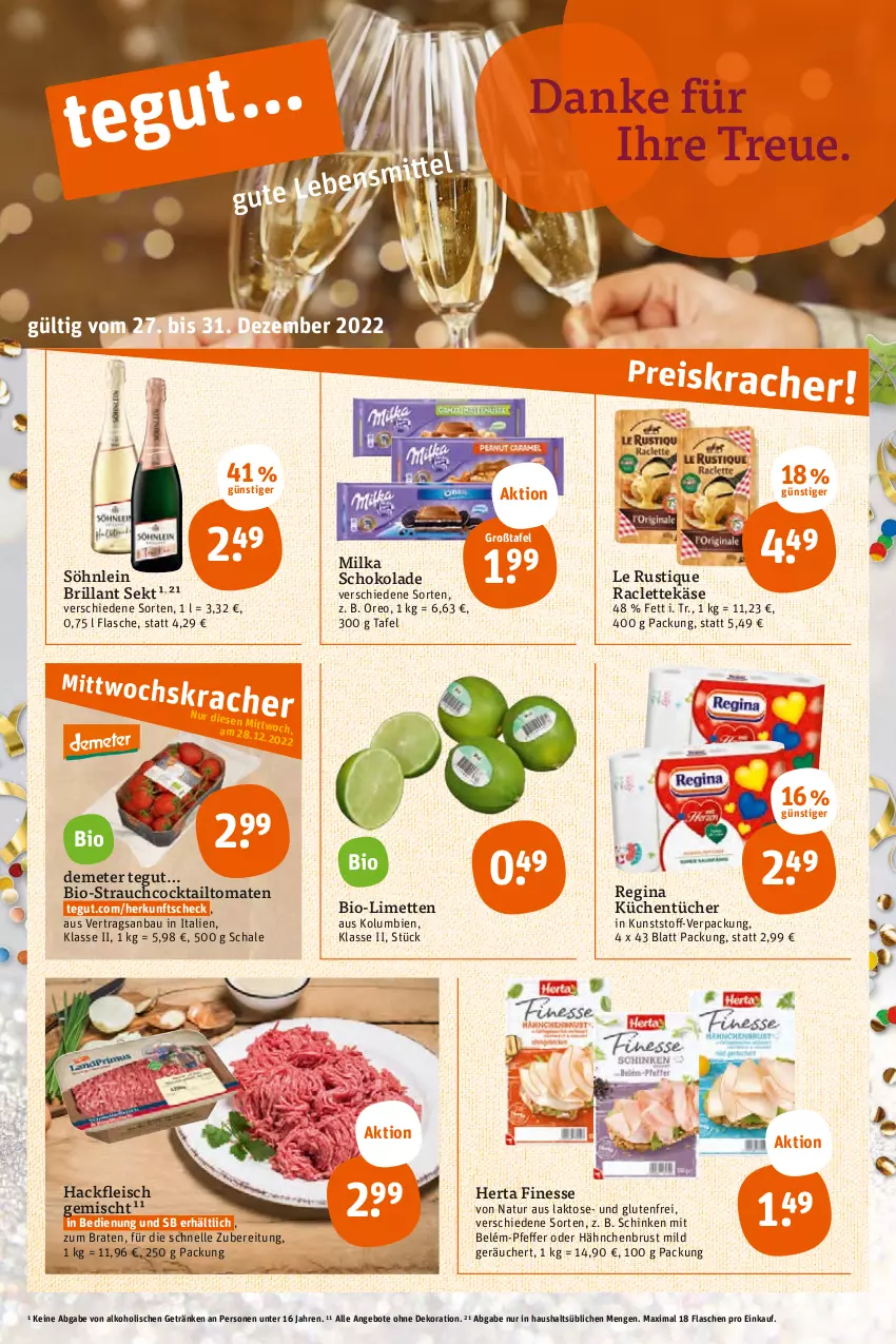 Aktueller Prospekt Tegut - Angebote der Woche - von 27.12 bis 31.12.2022 - strona 3 - produkty: alkohol, angebot, angebote, Bau, bio, braten, brillant sekt, cocktail, dekoration, eis, elle, finesse, flasche, fleisch, getränk, getränke, gin, hackfleisch, hackfleisch gemischt, hähnchenbrust, herta, herta finesse, Käse, küche, Küchen, küchentücher, Le Rustique, limette, limetten, Mett, metten, milka, milka schokolade, natur, oreo, pfeffer, Rauch, Schal, Schale, schinken, schoko, schokolade, sekt, söhnlein, söhnlein brillant, Ti, tomate, tomaten, tücher