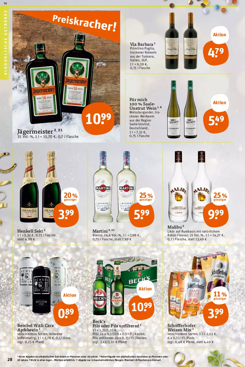 Aktueller Prospekt Tegut - Angebote der Woche - von 27.12 bis 31.12.2022 - strona 30 - produkty: alkohol, alkoholische getränke, apfel, apfelwein, burgunder, eis, flasche, Germ, getränk, getränke, henkel, henkell, henkell sekt, jägermeister, kokos, likör, Malibu, martini, Meister, pils, primitivo, rotwein, rum, schöfferhofer, sekt, Ti, wein, Weißwein, weizen mix