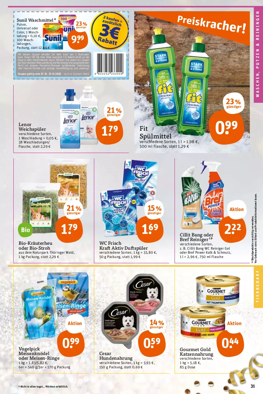 Aktueller Prospekt Tegut - Angebote der Woche - von 27.12 bis 31.12.2022 - strona 33 - produkty: bio, biozidprodukte, Bref, bref power, Brei, Cillit, cillit bang, coupon, eis, flasche, gourmet gold, Heu, hundenahrung, katzennahrung, Knödel, kraft, kräuter, lenor, lenor weichspüler, Meisenknödel, natur, Rauch, reiniger, reiniger gel, ring, rwe, spülmittel, sunil, Ti, tierbedarf, waschmittel, wc frisch, WC Frisch Kraft Aktiv, weichspüler