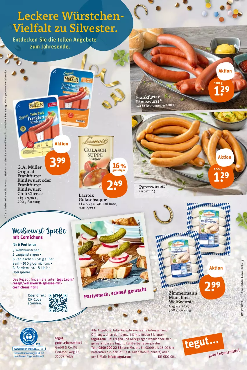 Aktueller Prospekt Tegut - Angebote der Woche - von 27.12 bis 31.12.2022 - strona 34 - produkty: angebot, angebote, auer, chili, decke, dekoration, drucker, eis, Engel, erde, fleisch, frankfurter, Fulda, gin, gulasch, Gulaschsuppe, Holz, kerze, Laugenstange, lebensmittel, leine, mac, Müller, pute, radieschen, rezept, rezepte, rind, senf, suppe, Ti, uhr, Weißwurst, wiener, wurst, würstchen