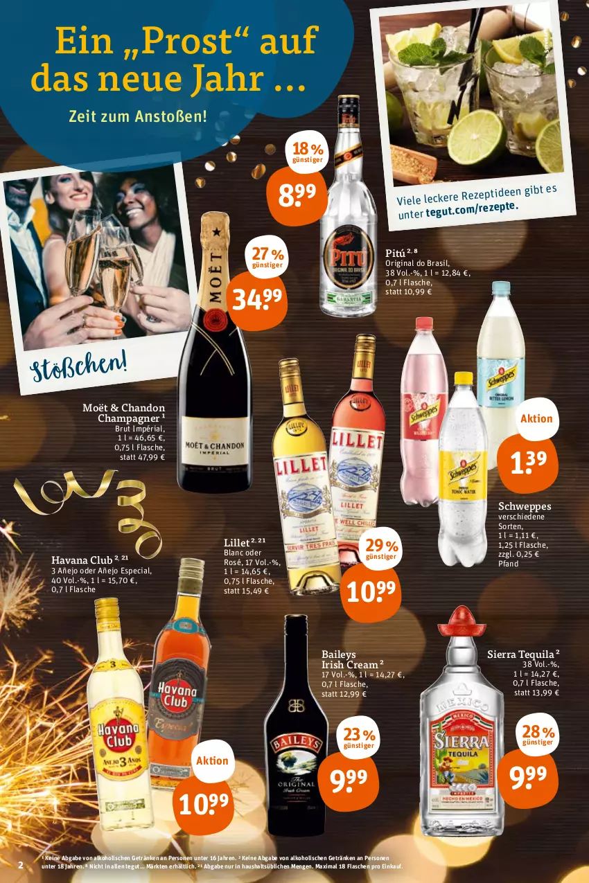 Aktueller Prospekt Tegut - Angebote der Woche - von 27.12 bis 31.12.2022 - strona 4 - produkty: alkohol, baileys, brut, champagne, champagner, flasche, getränk, getränke, gin, Havana Club, irish cream, lillet, rezept, rezepte, Ria, schweppes, Sierra, sierra tequila, tequila, Ti