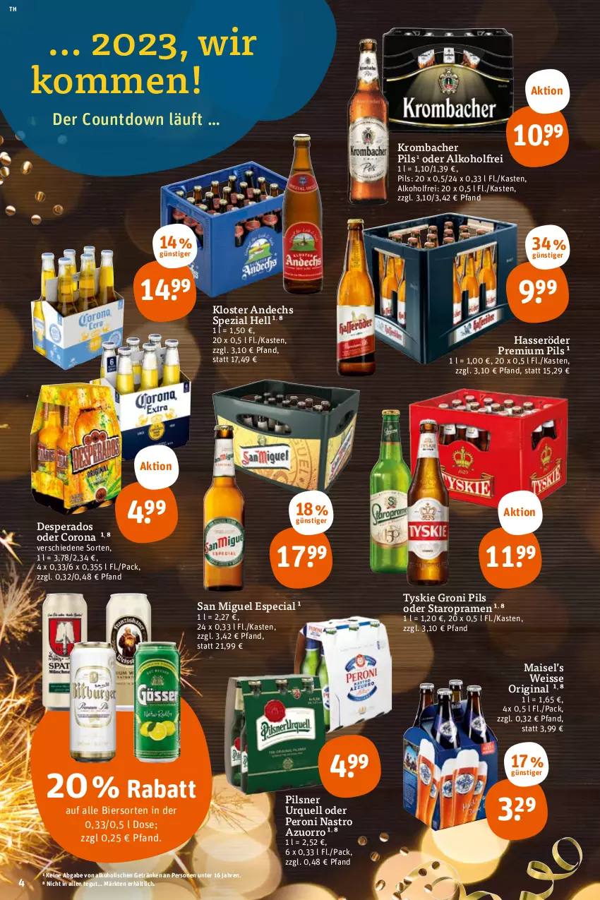 Aktueller Prospekt Tegut - Angebote der Woche - von 27.12 bis 31.12.2022 - strona 6 - produkty: alkohol, bier, corona, desperados, eis, getränk, getränke, gin, hasseröder, Kloster Andechs, krombache, krombacher, krombacher pils, mais, Peroni, pils, pilsner, pilsner urquell, premium pils, Spezi, Staropramen, Ti, tyskie