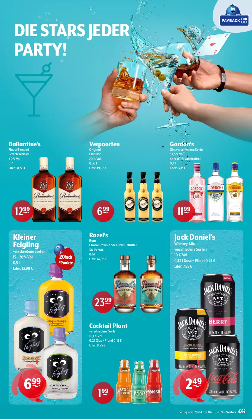 Aktueller Prospekt Getraenke Hoffmann - Prospekte - von 29.04 bis 04.05.2024 - strona 5 - produkty: alkohol, ball, blended scotch, blended scotch whisky, brownie, butter, cocktail, eier, eierlikör, gin, gordon, Gordon’s, jack daniel, Jack Daniel’s, kleiner feigling, leine, likör, peanut butter, rum, scotch, scotch whisky, Ti, verpoorten, whiskey, whisky