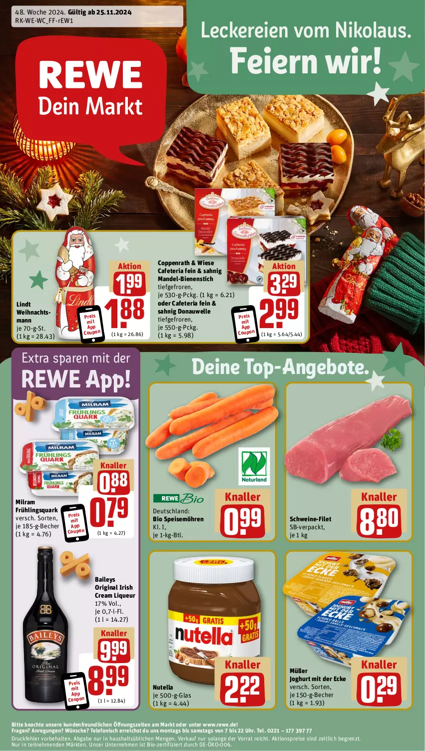 Aktueller Prospekt Rewe - Prospekte - von 25.11 bis 30.11.2024 - strona 1 - produkty: aktionspreis, angebot, angebote, baileys, Becher, bio, coppenrath, coupon, eier, eis, elle, filet, gin, irish cream, joghur, joghurt, joghurt mit der ecke, lindt, liqueur, mandel, milram, möhren, Müller, nutella, quark, reis, Ria, schwein, schweine, schweine-filet, speisemöhren, telefon, Ti, top-angebot, uhr, wein, weine