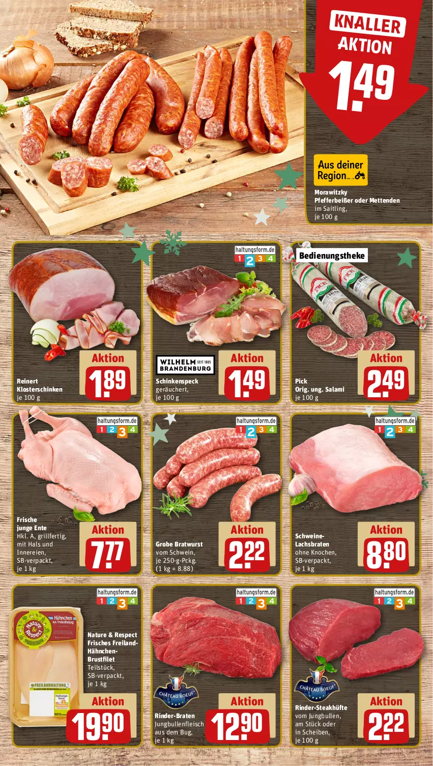 Aktueller Prospekt Rewe - Prospekte - von 25.11 bis 30.11.2024 - strona 12 - produkty: braten, bratwurst, brustfilet, eis, ente, filet, fleisch, grill, grobe bratwurst, hähnchenbrust, hähnchenbrustfilet, jungbullen, lachs, Lachsbraten, Mett, metten, Mettenden, natur, pfeffer, Pfefferbeißer, reinert, rind, rinder, salami, schinken, schinkenspeck, schwein, schweine, Schweinelachs, Speck, steak, steakhüfte, Ti, wein, weine, wurst