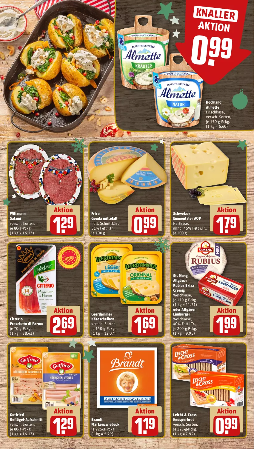 Aktueller Prospekt Rewe - Prospekte - von 25.11 bis 30.11.2024 - strona 13 - produkty: almette, aufschnitt, brandt, brot, burger, emmentaler, frico, frischkäse, Geflügel, gouda, gutfried, hartkäse, hochland, Käse, käsescheiben, leerdammer, LG, Limburger, Markenzwieback, Mett, prosciutto, Prosciutto di Parma, Rubius, salami, schnittkäse, St. Mang, Ti, weichkäse, wiltmann