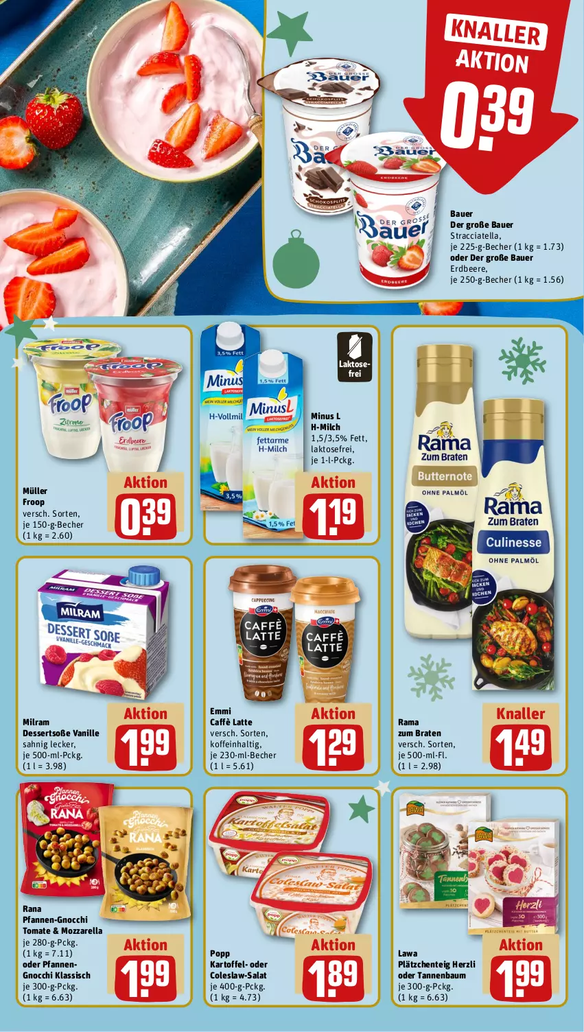 Aktueller Prospekt Rewe - Prospekte - von 25.11 bis 30.11.2024 - strona 14 - produkty: ACC, auer, Bau, Bauer, Becher, beere, braten, caffè latte, Coleslaw, dessert, desserts, emmi, ente, erdbeere, froop, gnocchi, kartoffel, latte, Lätzche, milch, milram, mozzarella, Müller, müller froop, pfanne, pfannen, Popp, rama, Rana, rel, salat, Soße, Tannenbaum, Ti, tomate, vanille