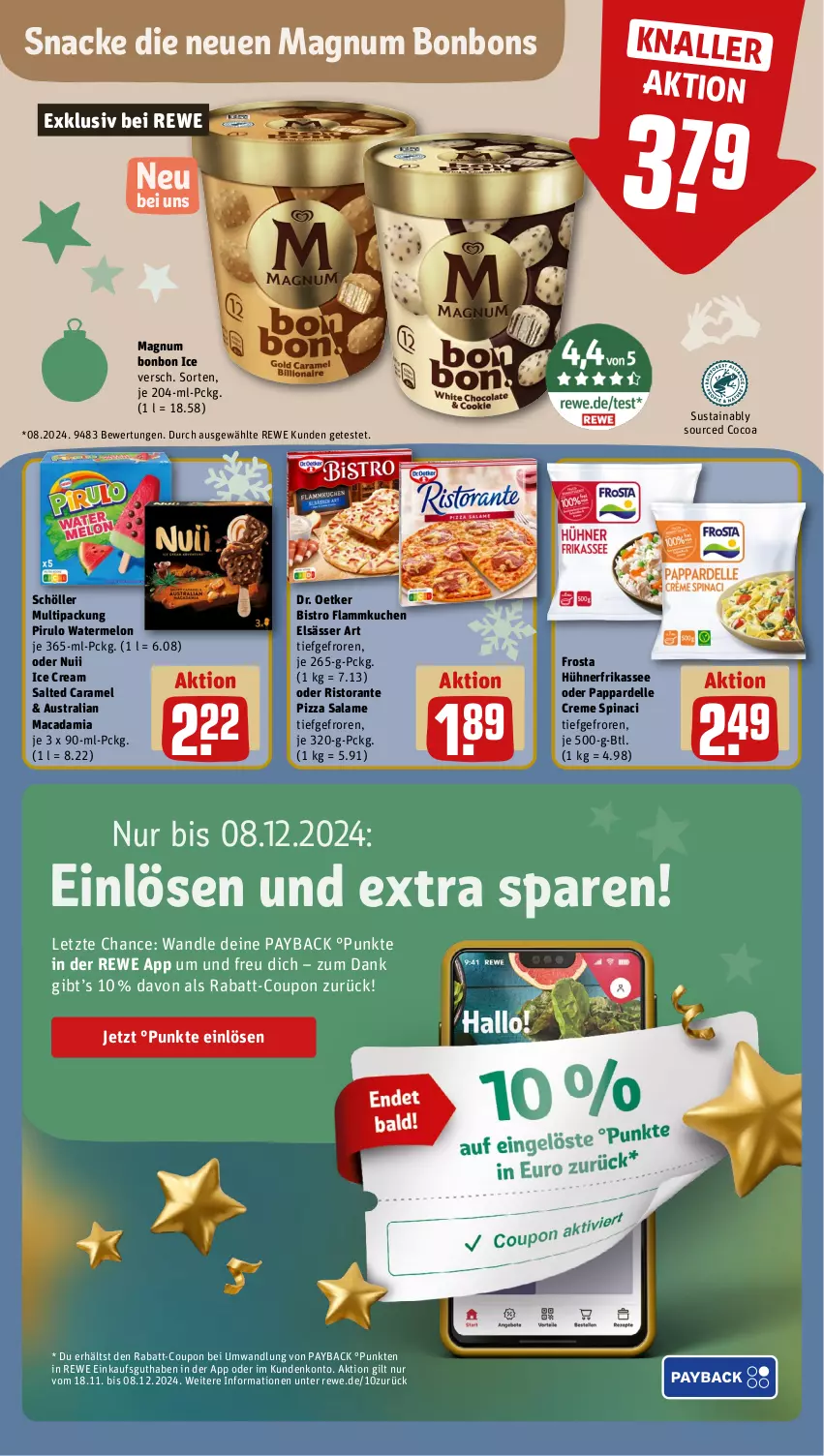 Aktueller Prospekt Rewe - Prospekte - von 25.11 bis 30.11.2024 - strona 15 - produkty: aust, bonbons, caramel, coupon, creme, dell, Dr. Oetker, elle, elsässer art, flammkuchen, frosta, hühner, kuchen, lamm, mac, macadamia, magnum, nerf, nuii, payback, pizza, pizza salame, rabatt-coupon, ristorante, ristorante pizza, Schöller, snack, Ti, ZTE