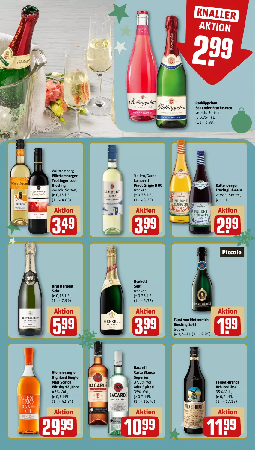 Aktueller Prospekt Rewe - Prospekte - von 25.11 bis 30.11.2024 - strona 16 - produkty: Amber, bacardi, Berger, brut, brut dargent, burger, ecco, Fernet, frucht, fruchtsecco, fürst von metternich, Glühwein, henkel, henkell, henkell sekt, katlenburger, kräuter, kräuterlikör, likör, Mett, metternich, Pinot, pinot grigio, riesling, rotkäppchen, scotch, scotch whisky, sekt, single malt, Ti, trolli, trollinger, wein, whisky