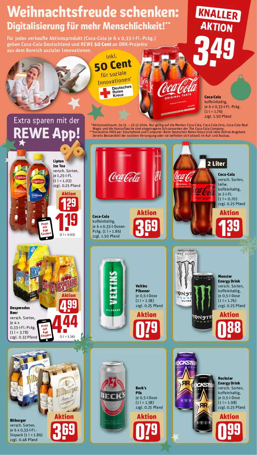 Aktueller Prospekt Rewe - Prospekte - von 25.11 bis 30.11.2024 - strona 17 - produkty: angebot, angebote, Bau, bitburger, burger, coca-cola, cola, computer, coupon, desperados, drink, eis, energy drink, flasche, ice tea, lipton, lipton ice tea, monster, Monster Energy, pils, pilsener, pute, reis, Rockstar, smartphone, Ti, usb, veltins, veltins pilsener