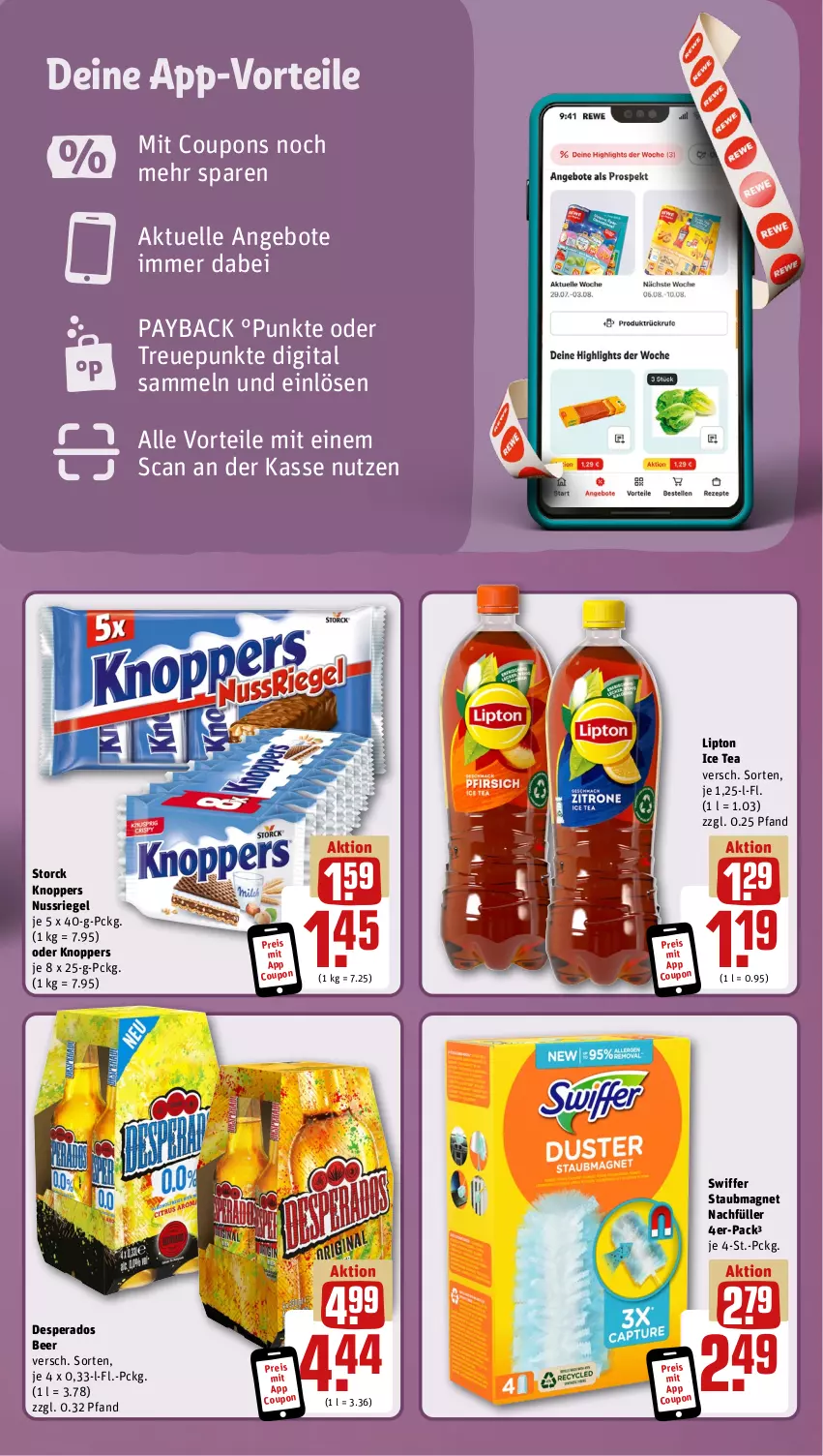 Aktueller Prospekt Rewe - Prospekte - von 25.11 bis 30.11.2024 - strona 3 - produkty: angebot, angebote, coupon, coupons, desperados, eis, elle, ice tea, knoppers, lipton, lipton ice tea, nuss, nussriegel, payback, reis, riegel, storck, swiffer, Ti