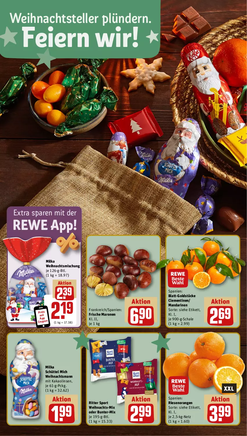 Aktueller Prospekt Rewe - Prospekte - von 25.11 bis 30.11.2024 - strona 4 - produkty: clementinen, coupon, eier, eis, elle, Goldstücke, kakao, linsen, mandarine, mandarinen, milka, orange, orangen, reis, ritter, ritter sport, Schal, Schale, Sport, teller, Ti