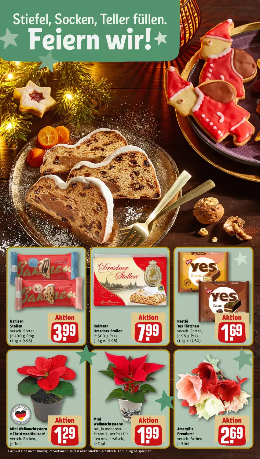 Aktueller Prospekt Rewe - Prospekte - von 25.11 bis 30.11.2024 - strona 6 - produkty: bahlsen, Dresdner Stollen, eier, eis, elle, Mode, nestlé, socken, Stollen, teller, Ti, tisch, topf, Törtchen, Weihnachtsstern