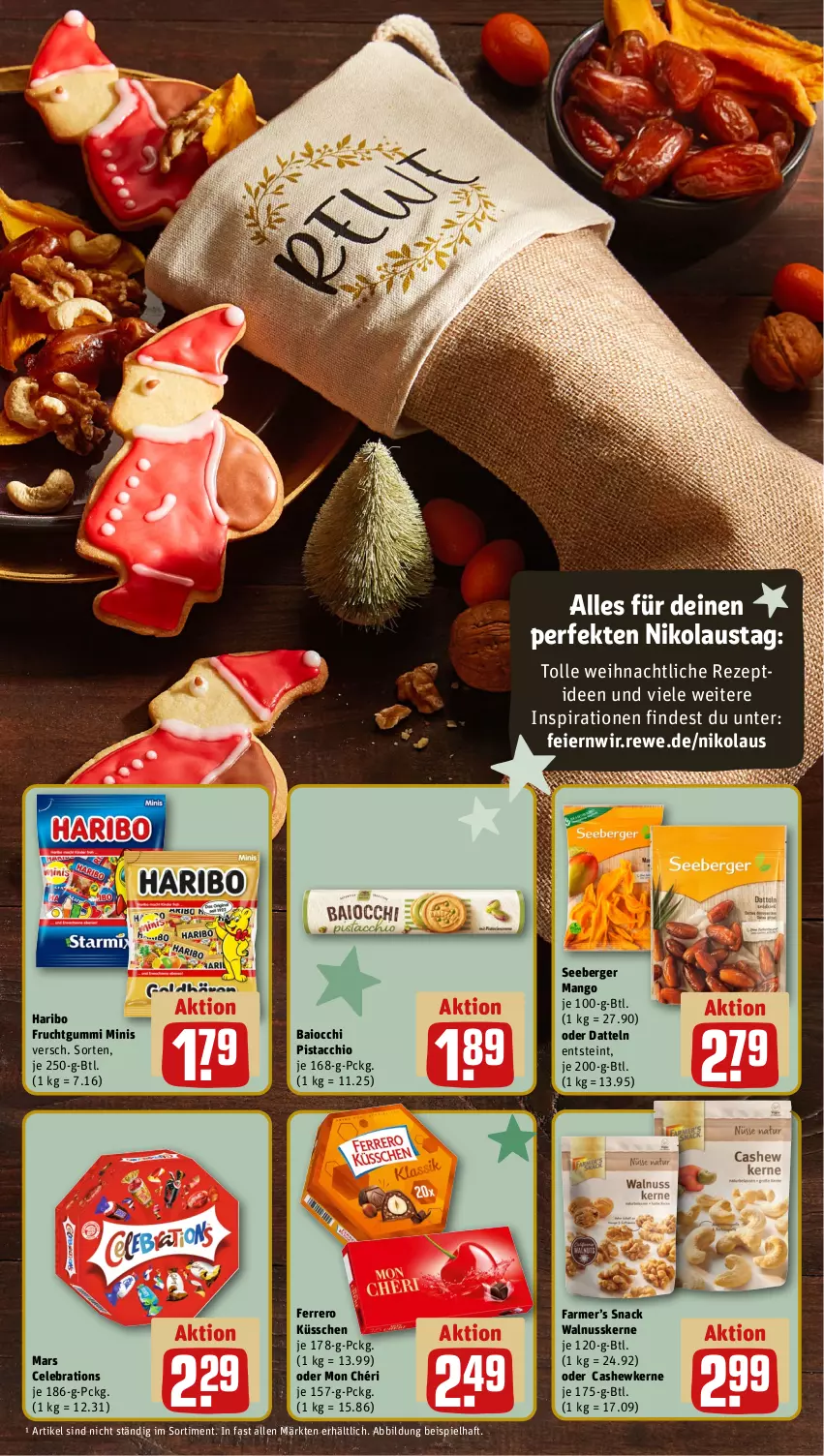 Aktueller Prospekt Rewe - Prospekte - von 25.11 bis 30.11.2024 - strona 7 - produkty: ACC, aust, Berger, Cashew, cashewkerne, Datteln, eier, eis, ferrero, Ferrero Küsschen, frucht, fruchtgummi, haribo, mango, mars, Mon Chéri, nuss, rezept, seeberger, snack, Ti, walnuss, walnusskerne