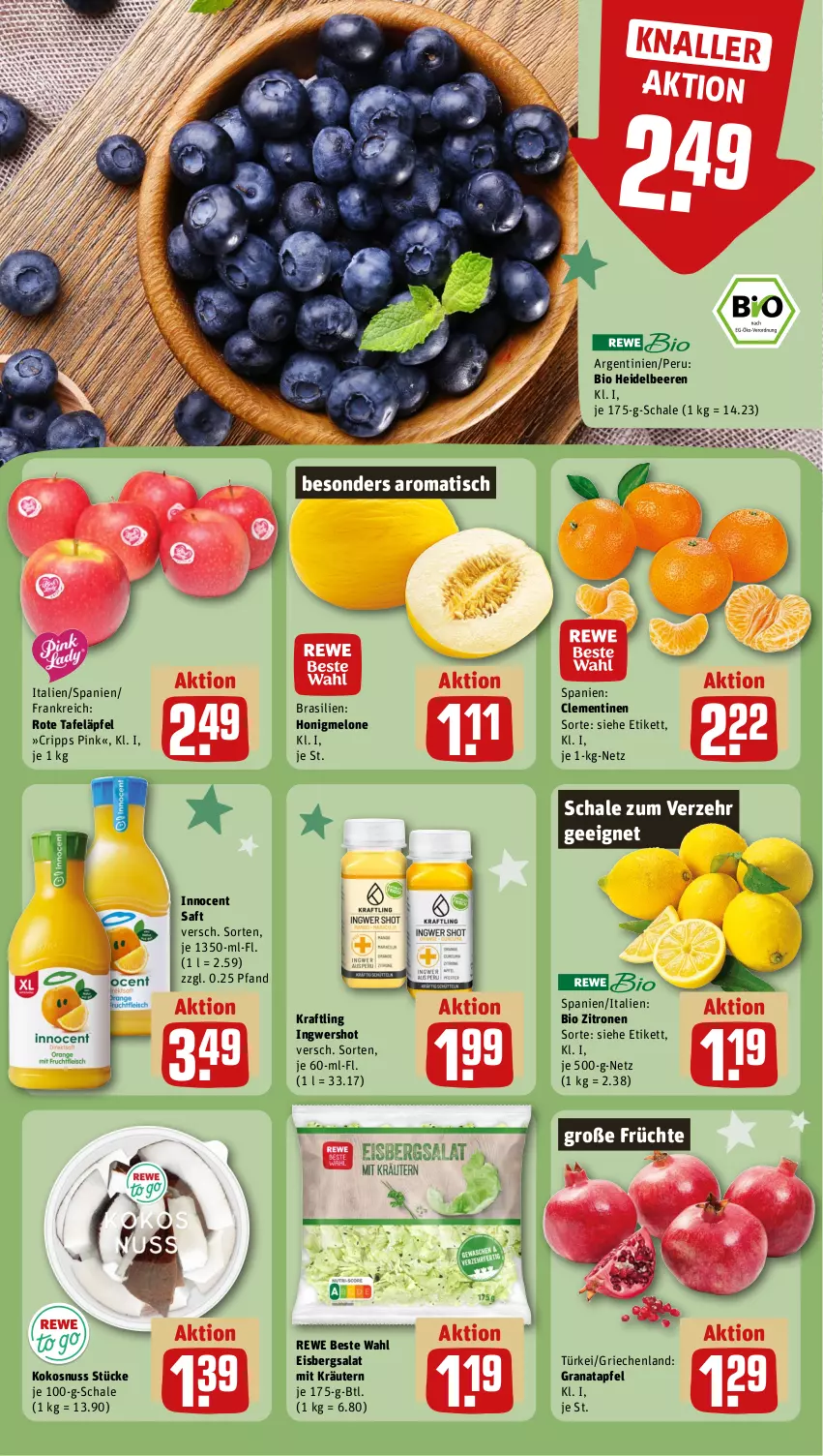 Aktueller Prospekt Rewe - Prospekte - von 25.11 bis 30.11.2024 - strona 8 - produkty: apfel, beere, beeren, bio, clementinen, eis, eisbergsalat, früchte, grana, granatapfel, heidelbeere, heidelbeeren, honig, honigmelone, ingwer, Innocent, kokos, kokosnuss, kraft, kräuter, kräutern, melone, nuss, Rana, rewe beste wahl, rote tafeläpfel, saft, salat, Schal, Schale, tafeläpfel, Ti, tisch, zitrone, zitronen