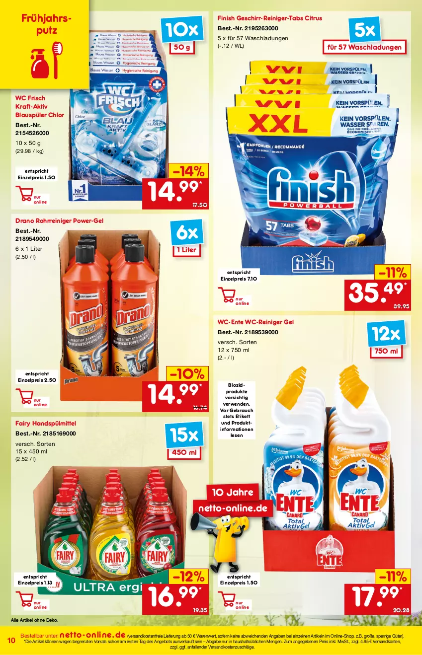 Aktueller Prospekt Netto Marken-Discount - Online-Angebote März - von 27.02 bis 06.03.2022 - strona 10 - produkty: angebot, bio, biozidprodukte, citrus, eis, ente, fairy, Finish, geschirr, kraft, ndk, power-gel, Rauch, reiniger, reiniger gel, reis, rwe, spülmittel, Ti, versandkostenfrei, wc frisch, wc-reiniger, ZTE