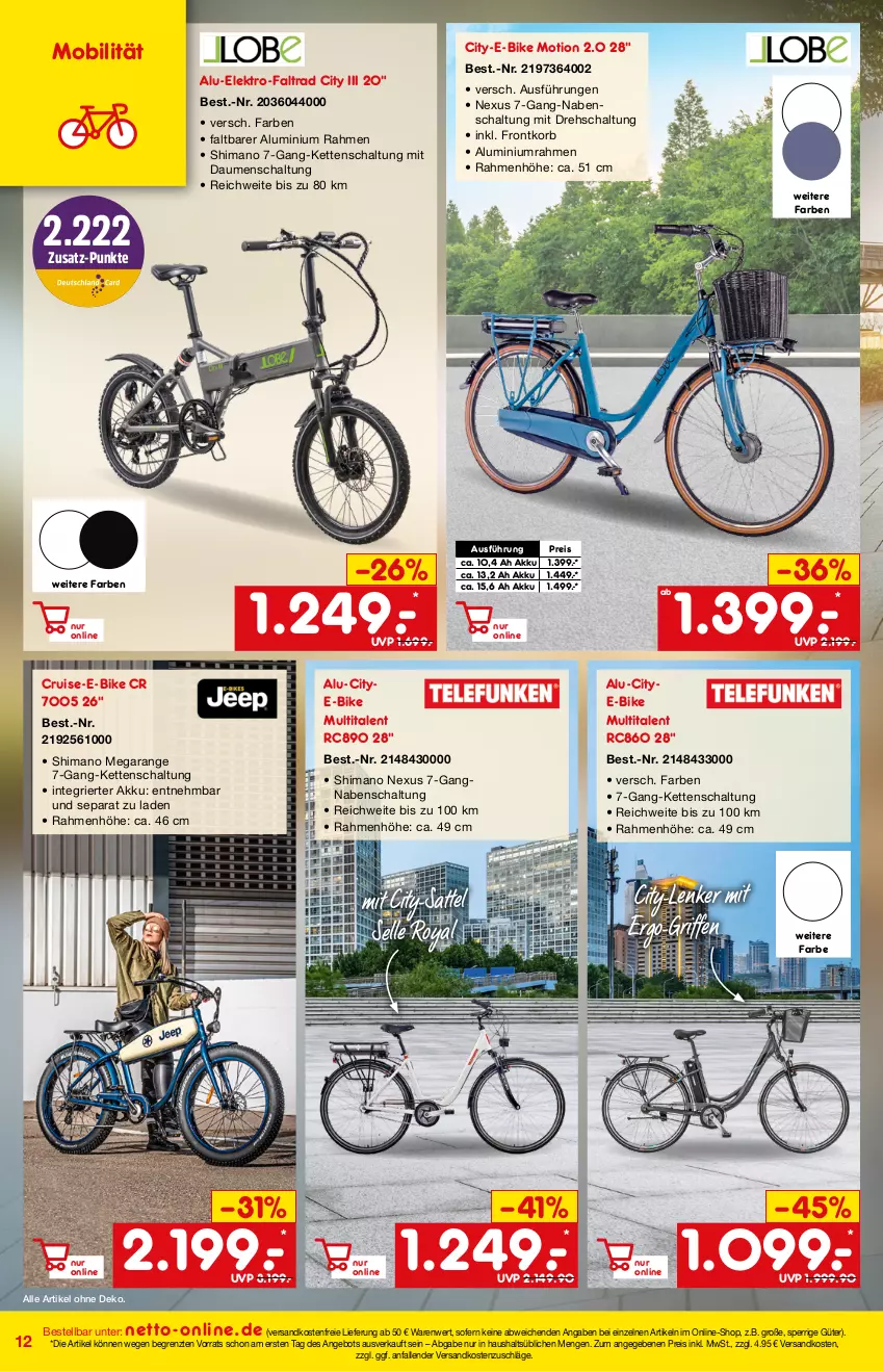 Aktueller Prospekt Netto Marken-Discount - Online-Angebote März - von 27.02 bis 06.03.2022 - strona 12 - produkty: akku, angebot, E-Bike, eis, Elektro, elle, Kette, korb, ndk, nexus, reis, sattel, Schal, shimano, Ti, versandkostenfrei, ZTE