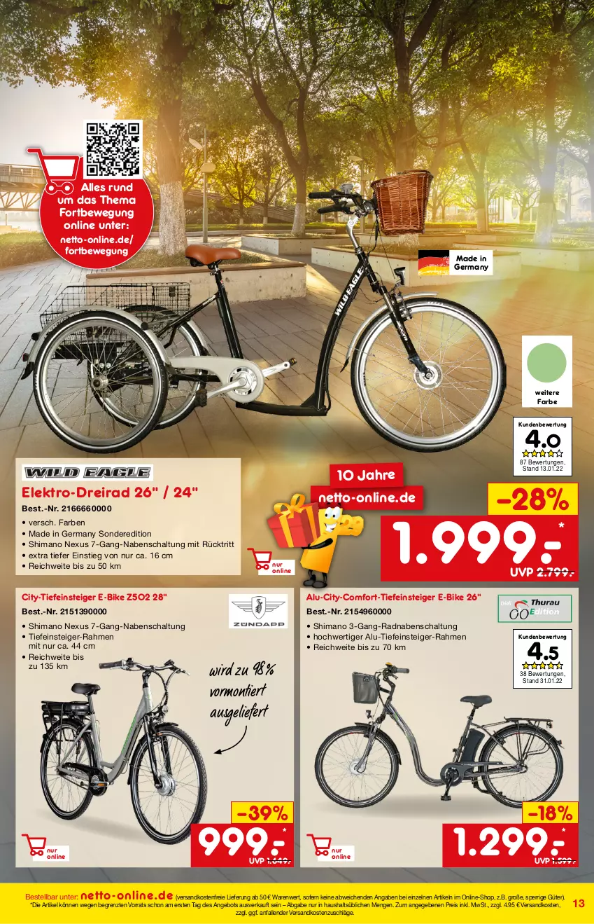 Aktueller Prospekt Netto Marken-Discount - Online-Angebote März - von 27.02 bis 06.03.2022 - strona 13 - produkty: angebot, Dreirad, E-Bike, eis, Elektro, Germ, ndk, nexus, reis, Schal, Ti, versandkostenfrei, ZTE