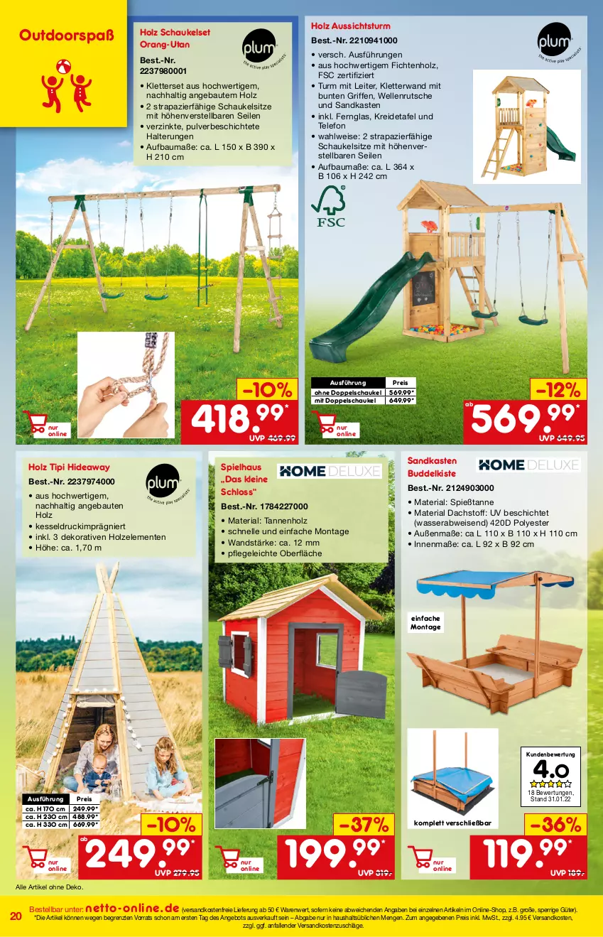 Aktueller Prospekt Netto Marken-Discount - Online-Angebote März - von 27.02 bis 06.03.2022 - strona 20 - produkty: angebot, Bau, eis, elle, ente, Fernglas, Holz, Kreide, leine, ndk, reis, Ria, Sandkasten, Schaukel, telefon, Ti, Tipi, versandkostenfrei, wasser, ZTE