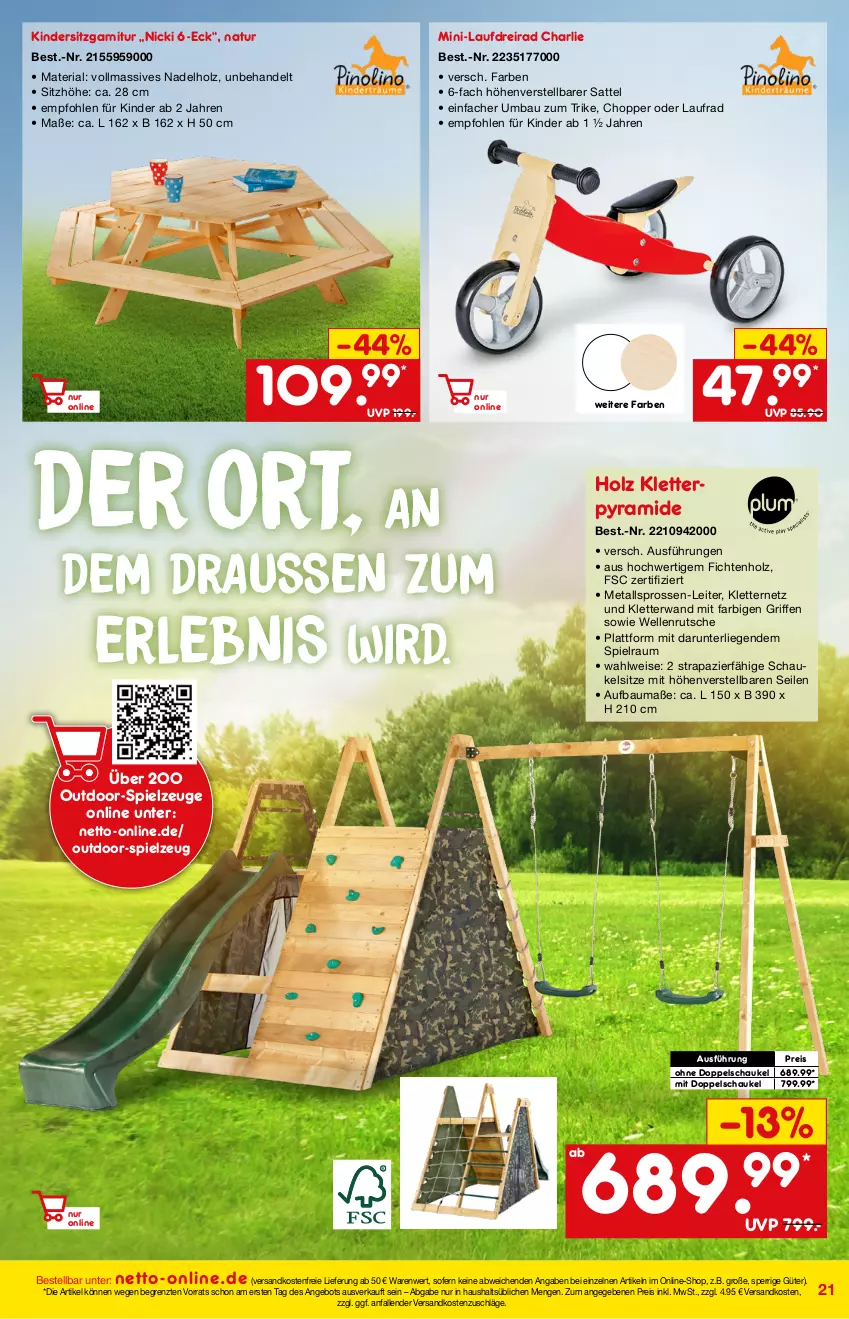 Aktueller Prospekt Netto Marken-Discount - Online-Angebote März - von 27.02 bis 06.03.2022 - strona 21 - produkty: angebot, Bau, Dreirad, eis, elle, garnitur, Holz, Kinder, Kindersitz, Laufrad, Liege, natur, ndk, reis, Ria, sattel, Schaukel, spielzeug, Ti, versandkostenfrei, ZTE