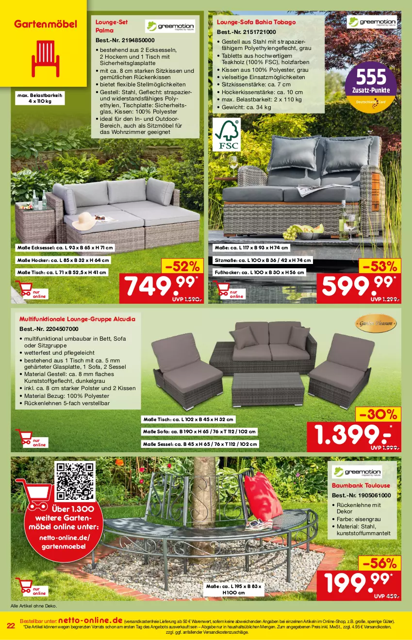 Aktueller Prospekt Netto Marken-Discount - Online-Angebote März - von 27.02 bis 06.03.2022 - strona 22 - produkty: angebot, Bank, Bau, Baumbank, bett, eis, Garten, gartenmöbel, glasplatte, hocker, Holz, HP, kissen, kunststoffgeflecht, latte, LG, lounge-set, Mantel, möbel, ndk, reis, Ria, Rückenkissen, sessel, sitzkissen, Sofa, tablet, tablett, Ti, tisch, tischplatte, versandkostenfrei, ZTE