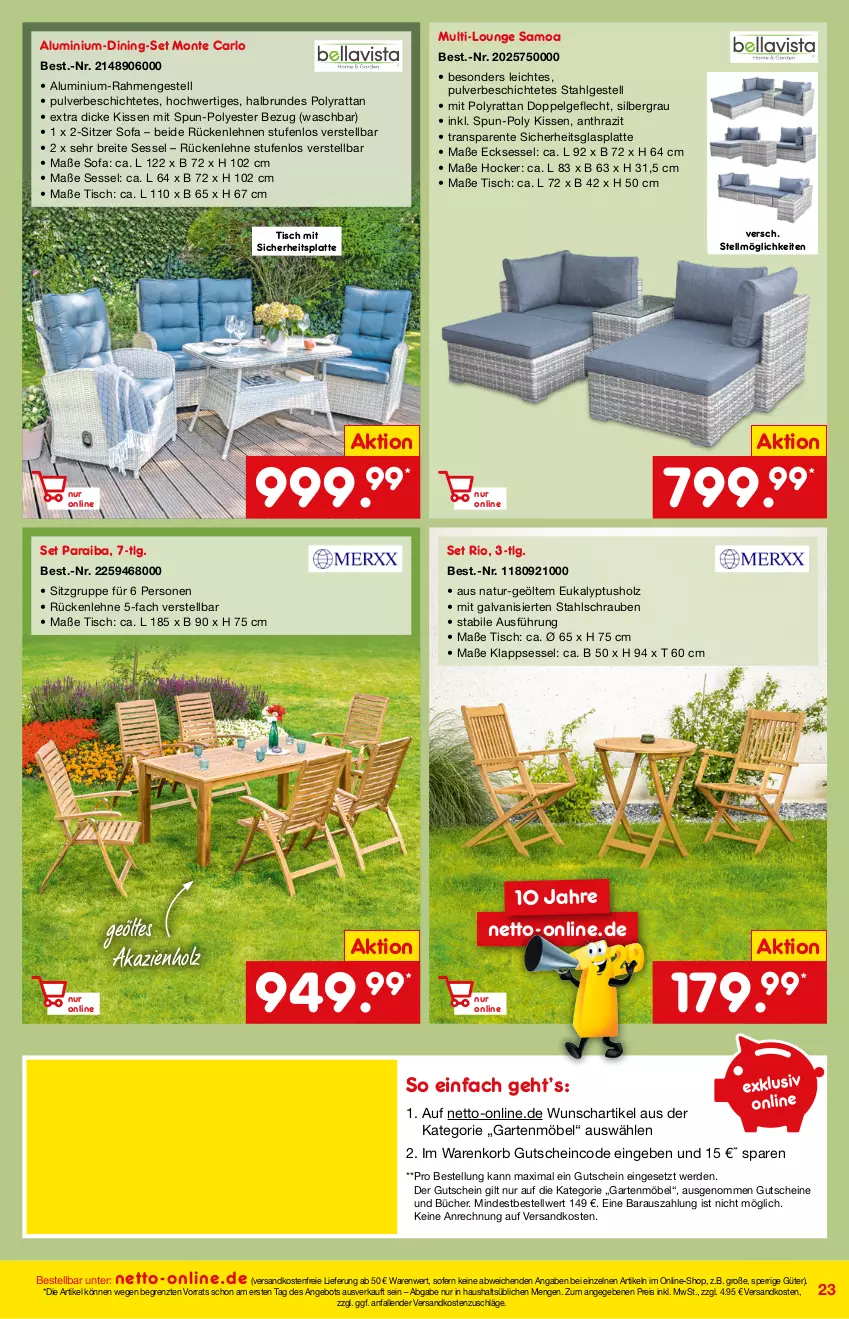 Aktueller Prospekt Netto Marken-Discount - Online-Angebote März - von 27.02 bis 06.03.2022 - strona 23 - produkty: angebot, arlo, Brei, eis, ente, erde, Garten, gartenmöbel, glasplatte, gutschein, gutscheine, hocker, Holz, kissen, klappsessel, korb, latte, LG, möbel, monte, natur, ndk, reis, rückenlehne, schrauben, sessel, Sofa, Ti, tisch, versandkostenfrei, ZTE