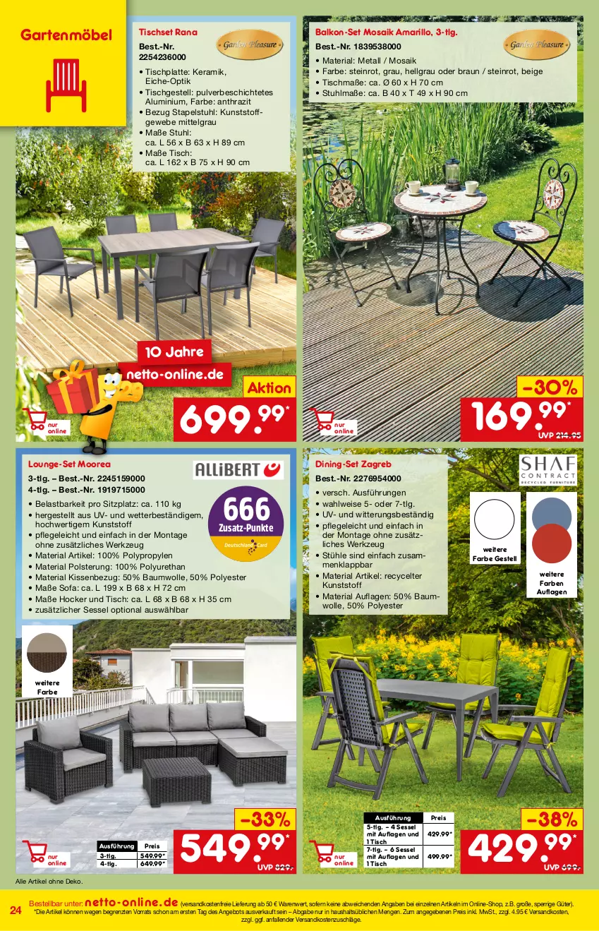 Aktueller Prospekt Netto Marken-Discount - Online-Angebote März - von 27.02 bis 06.03.2022 - strona 24 - produkty: angebot, Bau, baumwolle, braun, eis, Garten, gartenmöbel, hocker, HP, kissen, Kissenbezug, latte, LG, lounge-set, möbel, ndk, Rana, reis, Ria, sessel, Sofa, stapelstuhl, stuhl, Stühl, Ti, tisch, Tischset, versandkostenfrei, werkzeug, wolle, ZTE