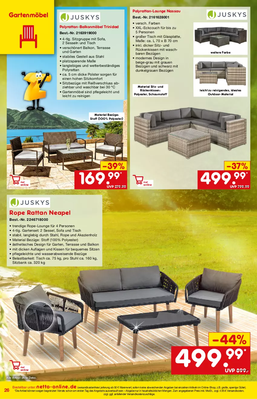 Aktueller Prospekt Netto Marken-Discount - Online-Angebote März - von 27.02 bis 06.03.2022 - strona 26 - produkty: angebot, Bank, Couch, eis, Garten, gartenmöbel, glasplatte, Holz, kissen, latte, LG, möbel, Mode, ndk, reis, Ria, Rückenkissen, sessel, sitzbank, Sofa, stuhl, Ti, tisch, versandkostenfrei, wasser, ZTE