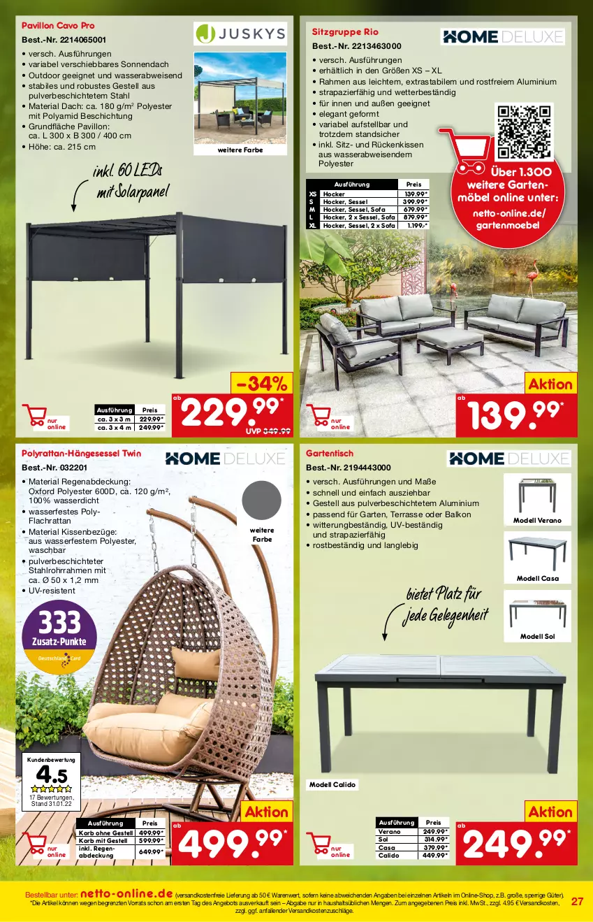 Aktueller Prospekt Netto Marken-Discount - Online-Angebote März - von 27.02 bis 06.03.2022 - strona 27 - produkty: angebot, dell, eis, Garten, gartenmöbel, gartentisch, hängesessel, hocker, kissen, korb, leds, möbel, Mode, ndk, pavillon, reis, Ria, Rückenkissen, sessel, Sofa, Ti, tisch, versandkostenfrei, wasser, ZTE