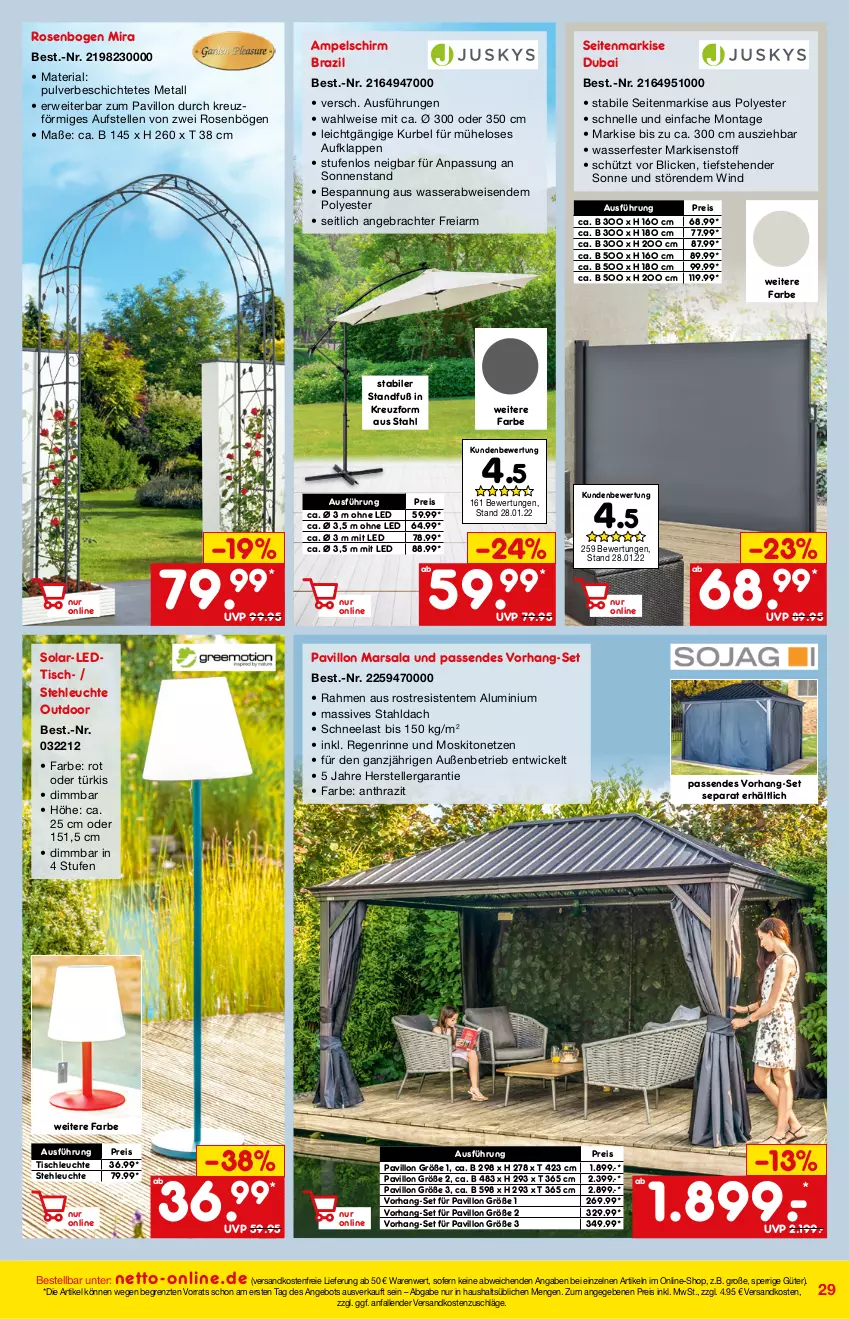 Aktueller Prospekt Netto Marken-Discount - Online-Angebote März - von 27.02 bis 06.03.2022 - strona 29 - produkty: ampelschirm, angebot, eis, elle, ente, Leuchte, mars, moskitonetz, ndk, pavillon, reis, Ria, rosen, rwe, Seitenmarkise, stehleuchte, teller, Ti, tisch, tischleuchte, versandkostenfrei, wasser, WICK, ZTE