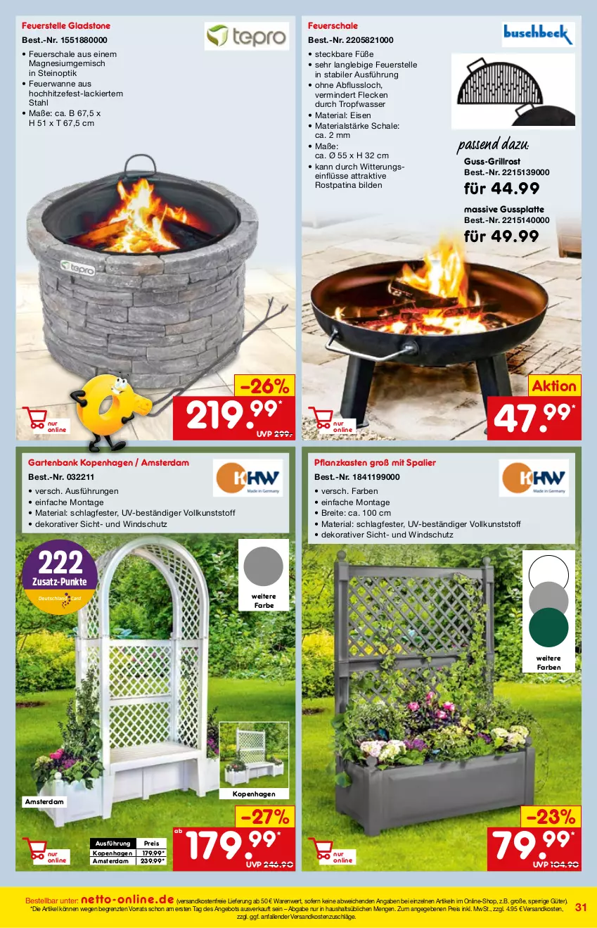 Aktueller Prospekt Netto Marken-Discount - Online-Angebote März - von 27.02 bis 06.03.2022 - strona 31 - produkty: angebot, Bank, Brei, eis, elle, feuerschale, Garten, gartenbank, grill, grillrost, lack, latte, magnesium, ndk, Pflanzkasten, reis, Ria, Schal, Schale, Ti, versandkostenfrei, Wanne, wasser, Windschutz, ZTE