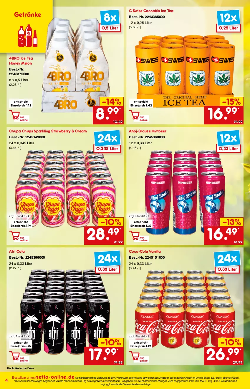 Aktueller Prospekt Netto Marken-Discount - Online-Angebote März - von 27.02 bis 06.03.2022 - strona 4 - produkty: abis, Afri Cola, ahoj-brause, angebot, brause, chupa, chupa chups, coca-cola, cola, eis, getränk, getränke, himbeer, ice tea, ndk, reis, Ti, versandkostenfrei, ZTE